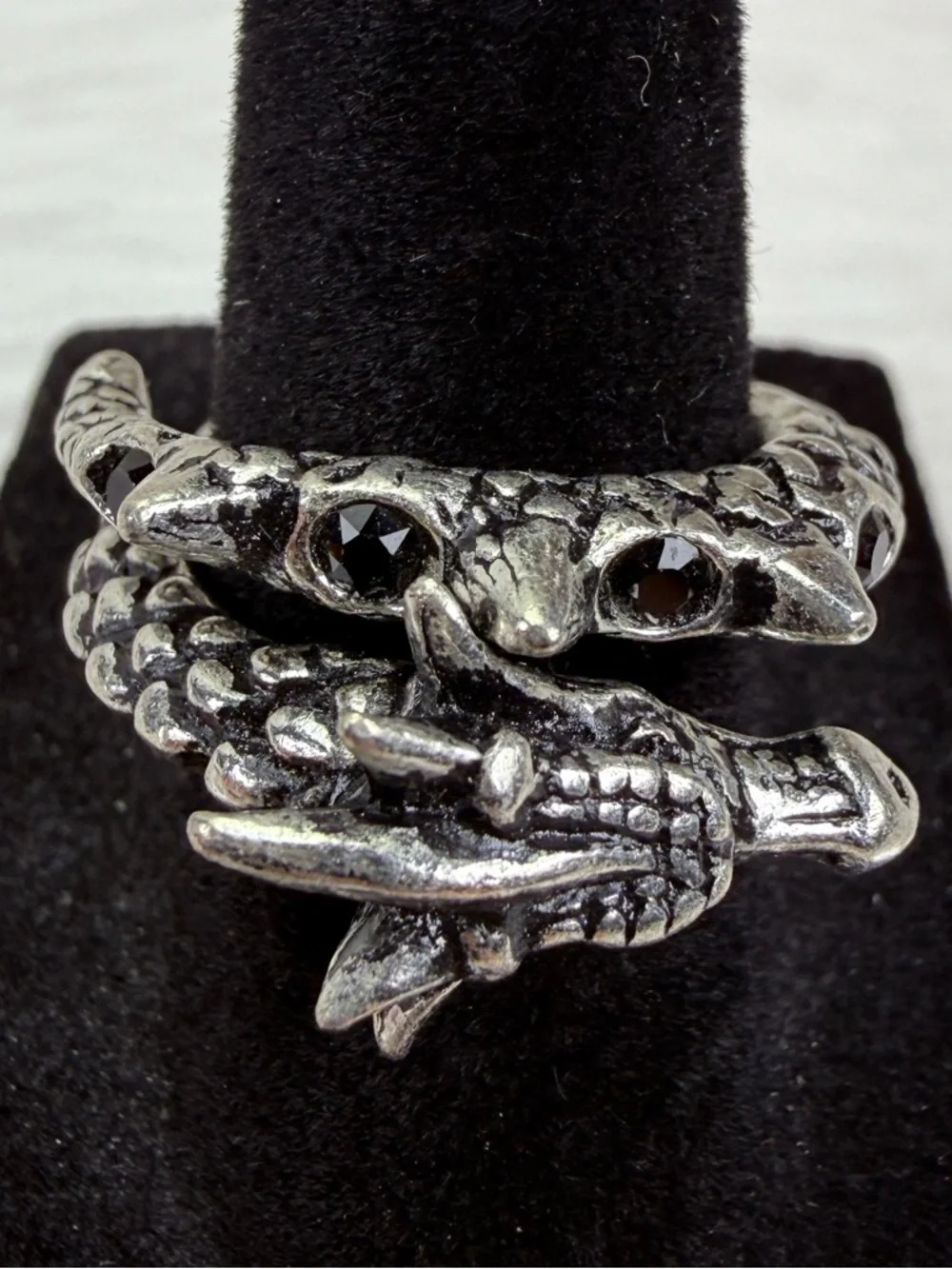 Beautiful silvertone, black bling, dragon coil costume ring